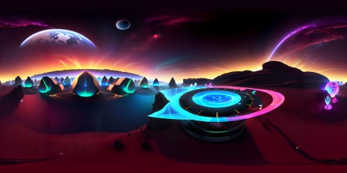 Masterpiece, VR360 Martian landscape, towering red rocks, crater expanse, optical illusion of thin atmosphere. Star-studded black sky, blue sunset glimmers, ultra-high resolution. Digital painting style finesse, light-shadow interplay. VR360 vista, surreal Martian beauty heightened.