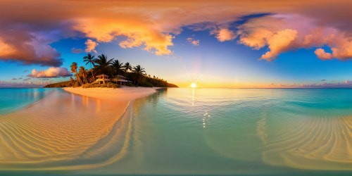 A pristine, flawless beach at golden hour, featuring crystal clear turquoise waters, sugar-white sands, gently swaying palm trees, and pastel hues of the sky reflected in the still waters, a picturesque paradise captured in ultra high resolution, a true artistic masterpiece.