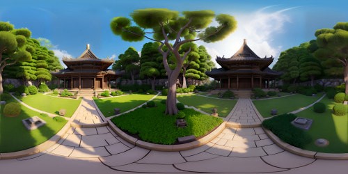 Ancient Asian architecture, ornate pagodas, sprawling bamboo forests, VR360. Zen gardens with stone lanterns, cherry blossoms in full bloom, VR360. Rendered in ultra-high resolution, Rembrandt-esque light and shadow, rich color palette, meticulous detail. High-definition masterpiece, traditional Asian aesthetics trending towards realism.