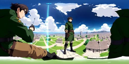 Soldiers wearing uniforms as in Attack on Titan stand on the roof. wearing vertical maneuvering equipment. wearing dark green cloak with the Survey Corps emblem on the back. holding long knives in both hands.