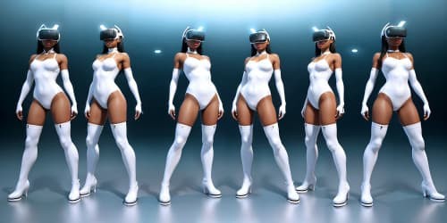 four women wearing white leotards with thigh high boots. they are evil sorceresses'. they are african american women