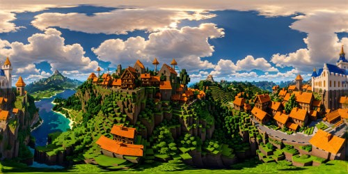 A flawless digital masterpiece displaying a meticulously designed Minecraft village with vibrant pixelated structures, lively NPCs, lush gardens, grand windmills, and a majestic castle under a radiant sky filled with billowing clouds, an ultra high-res pixelated wonderland brought to life in perfect detail.