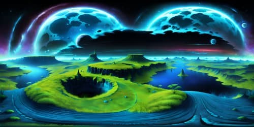 VR360 lunar surface panorama, ultra-high resolution, masterfully detailed craters, unending abyss of black space, star-speckled backdrop, Moon's eerie silvery glow, VR360 view of Earth's blue-green sphere suspended in void.