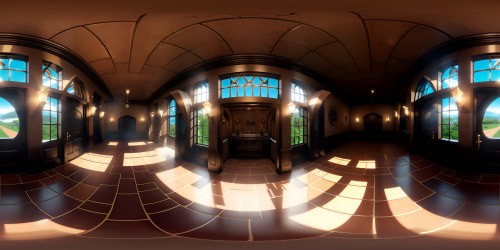 VR360 panorama, mega polished tile flooring, torch-lit VR360 path, titanic cobblestone walls, sprawling ceilings. Light trickling from tiny cracks, floating dust particles, mysterious, ominous shadows. Enhanced Pixar-style, intricate stone patterns, dynamic lighting, ultra high-resolution detailing. Superb quality VR360 masterpiece.