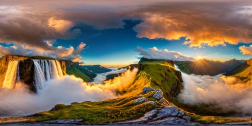 A breathtaking ultra high-res portrayal of the mythical highlands bathed in a flawless golden sunrise, illuminating terraced valleys, majestic waterfalls, towering cliffs, a riot of wildflowers, and dramatic swirling clouds, a flawless masterpiece of nature in stunning detail.