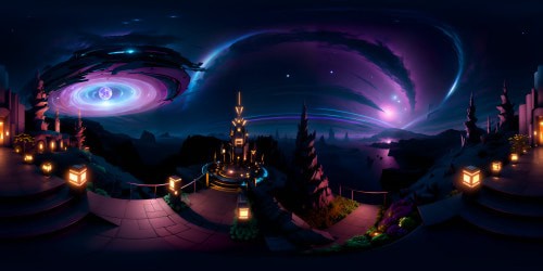 VR360 view, surreal art style, gravity-defying cosmic gardens, floating celestial bodies as flora, chromatic nebula blossoms, high resolution stardust pathways, pearlescent obelisks, masterpiece in VR360, luminescent torrential streams, multihued auroras arching across the sky.