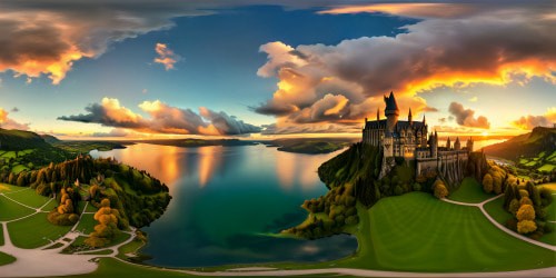 Incredible Hogwarts castle grounds with lush green lawns, twisting stone turrets, shimmering lake, majestic flying buttresses against a golden sunset backdrop, brimming with minute fantasy details, ultra-high resolution splendor.