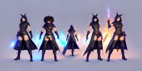 four african american women with dreadlocks. they are sexy. wearing thigh high boots. one has a hood on. they are magic spellcasters. four black females. two are carrying flaming swords. 