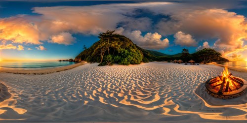 A flawless, ultra-high-res VR360 view of a serene beach at afternoon; the tranquil ocean glistens under the gentle summer breezes, surrounding a cozy firepit with crackling wood nearby, all embraced by a surreal, magical witch altar, brimming with wonder. This immersive masterpiece enchants with its photorealistic vibrancy, dynamic lighting, and enchanting fairytale vibes, truly personifying perfection in every detail.