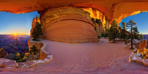 The Grand Canyon bathed in the golden hour's warm glow, displaying flawless detail in ultra high resolution, showcasing massive cliffs painted with hues of vivid orange, red, and purple, their sheer, majestic faces sculpted by the hands of time.