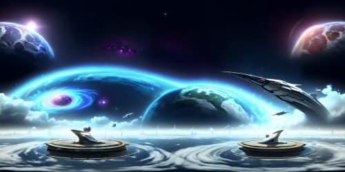 Ultra high-res VR360, finest masterpiece, celestial body reflections on metallic spaceship hull, cosmos scattered with nebulae, distant galaxies. Style: photorealistic, exceptional detail, futuristic aesthetic.