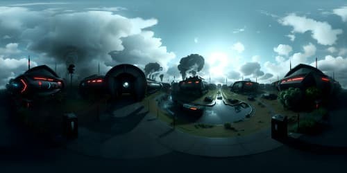 Sinister VR360 panorama, surreal art style, ultra-high-resolution. Grim zombie world, devastated architecture, lush vegetation invasion. Ominous clouds, radiant sunlight piercing through, engulfing scene in radiant, bizarre contrast, masterpiece.