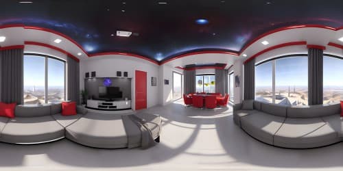 A futuristic room in a spaceship with floor to ceiling windows overlooking a new star exploding, red and blue ambient lighting, dark theme, space, ultra detailed, award winning design, high contrast, wrap around couch, fancy glowing pool table