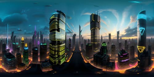 Cyberpunk cityscape panorama, high-gloss steel skyscrapers, neon holograms, VR360 view. Dystopian skyline, luminescent billboards, ultra high-res detailing. Masterpiece style, immersive VR360 experience, visually rich, reflective surfaces, dazzling lights, cubic structures. Twisted architecture, stunning cyber-tech features.