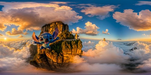 Journeying through a magical, enchanting realm straight out of a Disney tale, alongside the beloved character Stitch, each pixel meticulously crafted in ultra high resolution 8K, showcasing a flawless masterpiece of whimsy and vibrant hues in stunning richness.