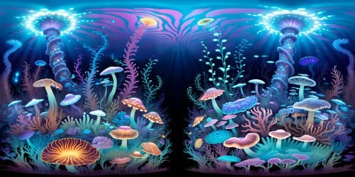 Masterpiece quality, ultra-high resolution, hallucinogenic underwater world with horrors, bioluminescent fungal forests. VR360 view of deep-sea anomalies, mushroom-shaped corals, glowing tentacle-like seaweeds, nightmare-inspired sea creatures. Style: Hauntingly surreal, trance-inducing atmospheric lighting