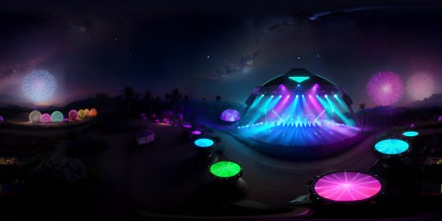 Masterpiece artwork VR360 style, ultra-high-resolution, shimmering stage, popstar's glittering costume, vibrant laser light show. Awe-inspiring aura, expansive starlit sky, ink-black, studded with diamonds. VR360 view of an outdoor concert, breath-taking, surreal art aesthetic.