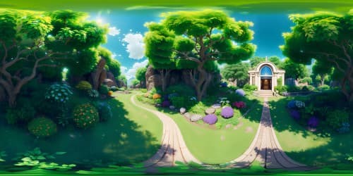 Masterpiece quality, ultra-high resolution, VR360 sacred Garden of Eden, biblical paradise portrayal. Lush verdure, blossoming flora, ethereal fruit trees, crystalline rivulets. Awe-inspiring VR360 view, accentuated Pixar-style.