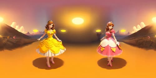 Princess Daisy(in brown hair yellow dress) and Princess Peach (in pink dress) (supermario character)