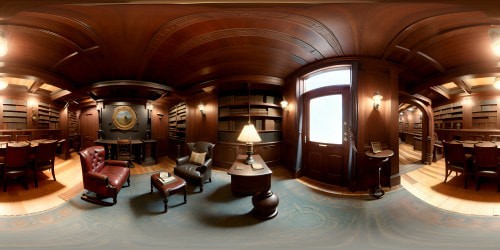 Vintage leather chair, high-res, aged books stacked, panorama of worn shelves. Intricate carvings in dark wood, tapestry of book spines, intricate VR360 lore. Masterpiece backdrop, richly textured, VR360 immersive library scene, Pixar-style attention to detail.