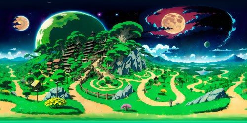 Dragon Ball epic scenery, VR360 panoramic view, Namek lush green landscape, Porunga gigantic silhouette, celestial bodies, fantastical starlit sky, unique planet constellations. Combine with hyper-detailed anime style, vibrant colors, bold lines, dynamic shading, energetic visual tones, unmistakable Akira Toriyama signature style for a VR360 immersive experience.