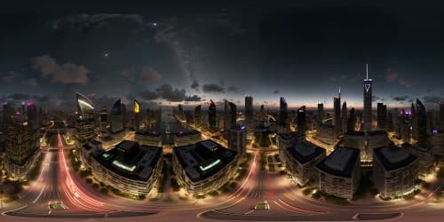 Masterpiece quality, ultra-high resolution, Miami skyline, nighttime panorama, neon-lit skyscrapers, ethereal moonlight, sparkling starfield, breathtaking VR360 vision, pixar-style illumination, grand palms silhouette, distant ocean sparkle.