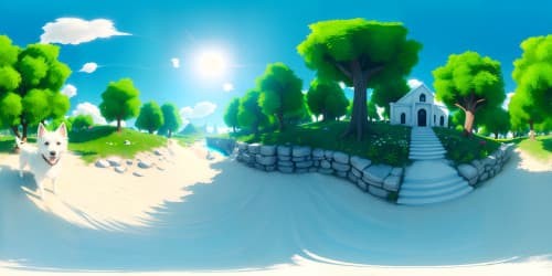 a cute white dog on the green gross under the sunshine