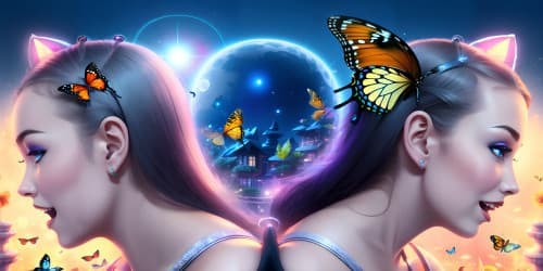 five girls wih cat ear are dancing and singing a person with cat face, butterfly wings and fish tail