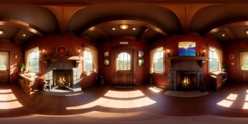 Masterpiece VR360 lodge interior, rich wooden textures, vibrant Pixar-style, ultra-high resolution. Radiant chimney glow, layered shadows injecting depth. Comforting ambiance, meticulous pattern details, subtle ambient lighting. An exquisite VR360, immersive, all-engulfing warmth.