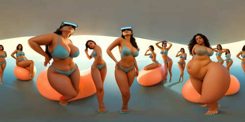Masterpiece of VR360 artistry, ultra-high-res quality. Captivating curves, supple skin details, assortment of idealized shapes. Line-up of full-figured models, softly lit, showcasing form's profound exploration. Magazine-inspired aesthetics, delicate light, bestowing full glow. VR360 scene: radiant, softly illuminated figures, perfect blend of stylistic finesse and