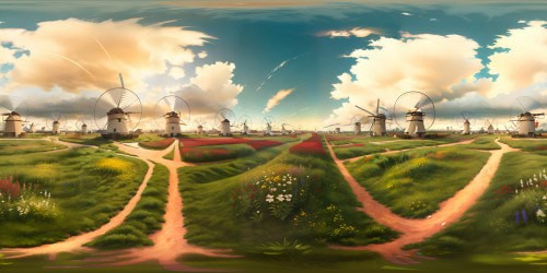 Masterpiece quality, ultra high-res VR360 panorama. Tranquil meadow, borders gentle canal. Array of windmills gracing distance, echoing Dutch artistry. VR360 view, foreground accents of colorful wildflowers, feather-like reeds. Endless sky, gentle clouds. Aesthetic: photorealistic, lush.