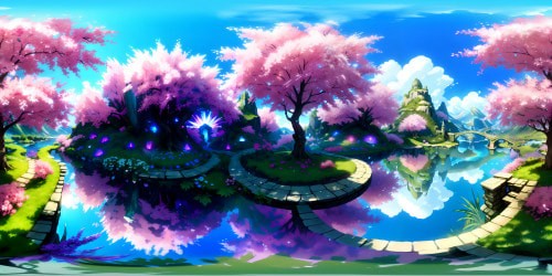 VR360 masterpiece, ultra high-resolution, light play on shattered crystal heart in foreground, gleaming under cherry blossom rain. Soft hues of pink, sorrowful yet beautiful. VR360 backdrop of cascading waterfalls, mountains kissing the twilight sky. Style: blend of anime and digital painting.