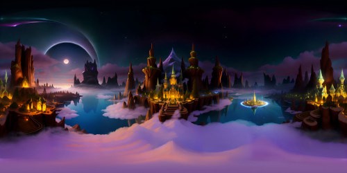 VR360 fantasy art style, Farris princess castle in misty mountains, sparkling crystal turrets, lush emerald gardens, ultra high-res detailing. VR360 twilight sky, glittering stars, glowing nebula swirls, masterpiece-worthy celestial drama.