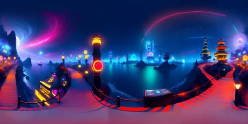 Masterpiece VR360, midnight city skyline, oceanfront viewpoint, redlight district's surreal illuminations. Neon-glow beauty, tranquil water reflections. Ultra high-res, fantasy-style, glow-in-dark sky aesthetics in VR360 expanse.