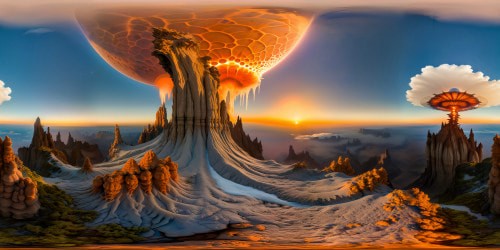 A sprawling alien world akin to scenes from Star Wars, featuring towering crystalline structures, bioluminescent flora, multiple moons casting an eerie glow, and colossal rock formations, all under a blazing alien sun, ultra high resolution, truly awe-inspiring craftsmanship.