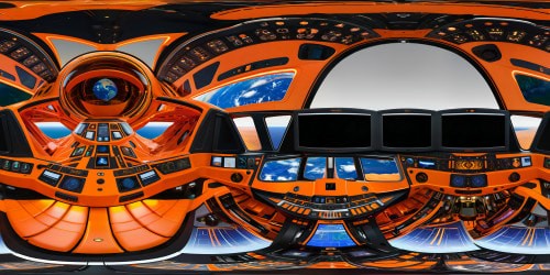 Immersed in the flawless, ultra-high-resolution VR360 spaceship command bridge at its best quality, symmetrical rows of intricate controls align, neon orange accents framing expansive windows, revealing a breathtakingly detailed 16K illustration of Earth on symmetrical computer screens, a true masterpiece of digital artistry.