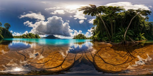 A flawless, ultra high-resolution 8K jungle landscape, where vibrant hues dance on crystal-clear waters, sunbeams pierce through fluffy clouds casting intricate shadows on puddles, encapsulating the jungle's essence in unparalleled detail.