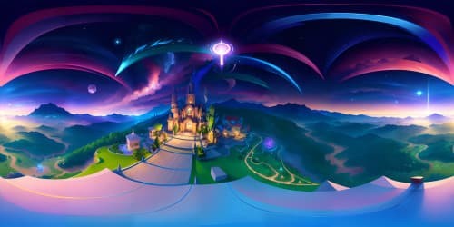 Unrivaled quality, VR360 masterpiece in ultra-high resolution. Fantasy art style, ethereal, magical pony. Intricate detailing, captivating, pulsating in the VR360 panorama. Sky view, brilliant constellations, glistening twilight hues.