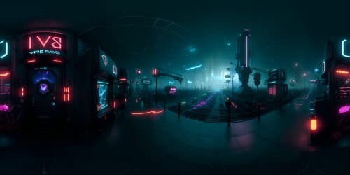 Ultra high-res Lovecraftian-cyberpunk VR360 panorama. Masterpiece quality, ominous cybernetic landscapes, bionic tentacles, gothic cyberspace, vintage-futuristic skylines. Pervading feeling of cosmic dread in VR360 view, surreal neon colors, intricate detailing.