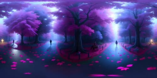 2 boys with many cats in magical dark dense rainy colorful forest with pink and blue leaves