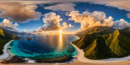 A stunning, flawless paradise with crystal-clear azure waters, golden sun-kissed sandy beaches, lush tropical palm trees, vibrant exotic flowers, and majestic mountains in the distance, a digital masterpiece in ultra-high resolution.