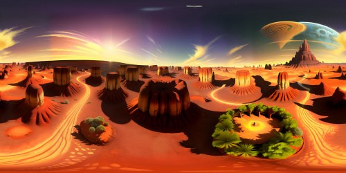 Masterpiece desert landscape, ultra-high res plateaus, deep mystical chasms, VR360. Eroded natural pillars, fantasy art style, VR360. Fine grain sand textures, red-orange sunset hues, dramatic shadows. No life, stark contrast.