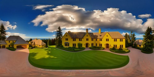Meticulously detailed view of the iconic Simpson family house, flawless yellow facade, perfectly manicured lawn, vivid blue sky overhead, high-resolution textures capturing every brick and shingle, an artistic masterpiece in ultra-high resolution.