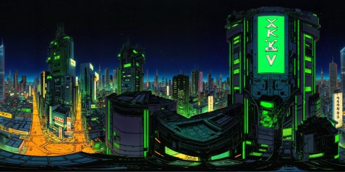 A futuristic neon cityscape at night in Neo Tokyo, featuring ultra high-resolution green neon buildings with a prominent, glowing "V" insignia, casting a vibrant, surreal glow under a starlit sky.