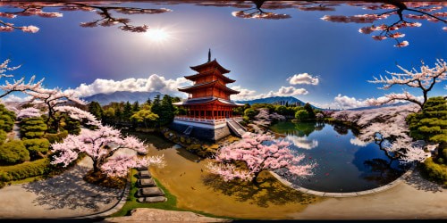 A breathtaking, awe-inspiring view of a majestic, ancient temple nestled amidst lush, vibrant cherry blossom trees, reflecting in a tranquil koi pond under a flawless azure sky, detailed with micro precision, an artistic masterpiece in ultra-high resolution.