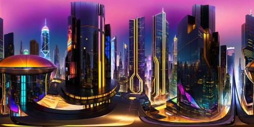 A dazzling cybernetic metropolis of towering skyscrapers casting neon reflections, intricate circuit motifs adorning every surface, digital holograms flickering on billboards, and a monorail gliding amidst the architectural marvels. This enthralling VR360 cyberpunk panorama boasts vibrant color contrasts, mesmerizing light-play, blending surrealism with hyper-realistic details, creating the ultimate ultra high-res masterpiece of a futuristic cityscape.