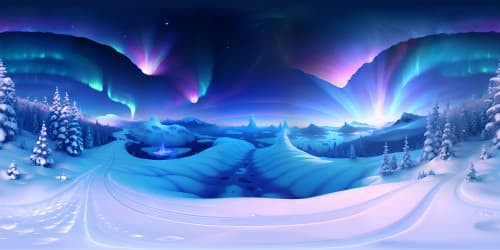 Pristine, untouched snowfields, diamond-like glitters under sunlight, icicle formations, VR360 view of snow-covered fir trees, shimmering aurora borealis in cold, clear night sky. Style: hyperrealism, ultra high-res, VR360.