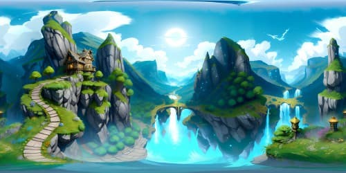 VR360 master-class, ultra-high resolution, peaceful forest terrain, mountain ranges, towering cliffs. Glistening rivers, cascading waterfalls. Adopting the best quality, digital painting style for foliage and terrain details