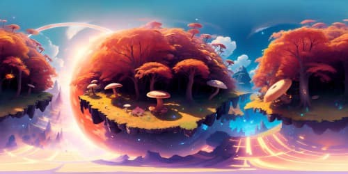 Masterpiece VR360, digital painting dominating, ultra-high-resolution fantasy panorama. Suspended islands, laden with mushroom forests, colossal moons casting ethereal ambiance, VR360 cradling gargantuan pink sun. Quality mastery, visual enhancements.