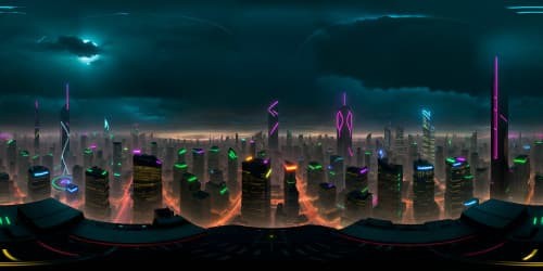 VR360 cyberpunk cityscape in ultra-high resolution, neon-lit skyscrapers, digital billboards, dizzying heights, smoky atmosphere, masterpiece-level detailing. Style: Deep contrasting colors, vibrant neon hues, rain-slicked surfaces, gritty textures, panoramic city views. Aesthetic: VR360 cyberpunk art, emphasis on light and shadow interplay.